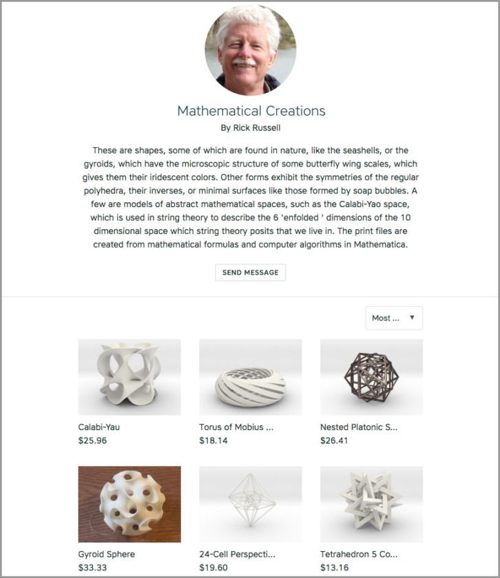 Screenshot: Mathematical Creations by Rick Russell Shapeways shop 
